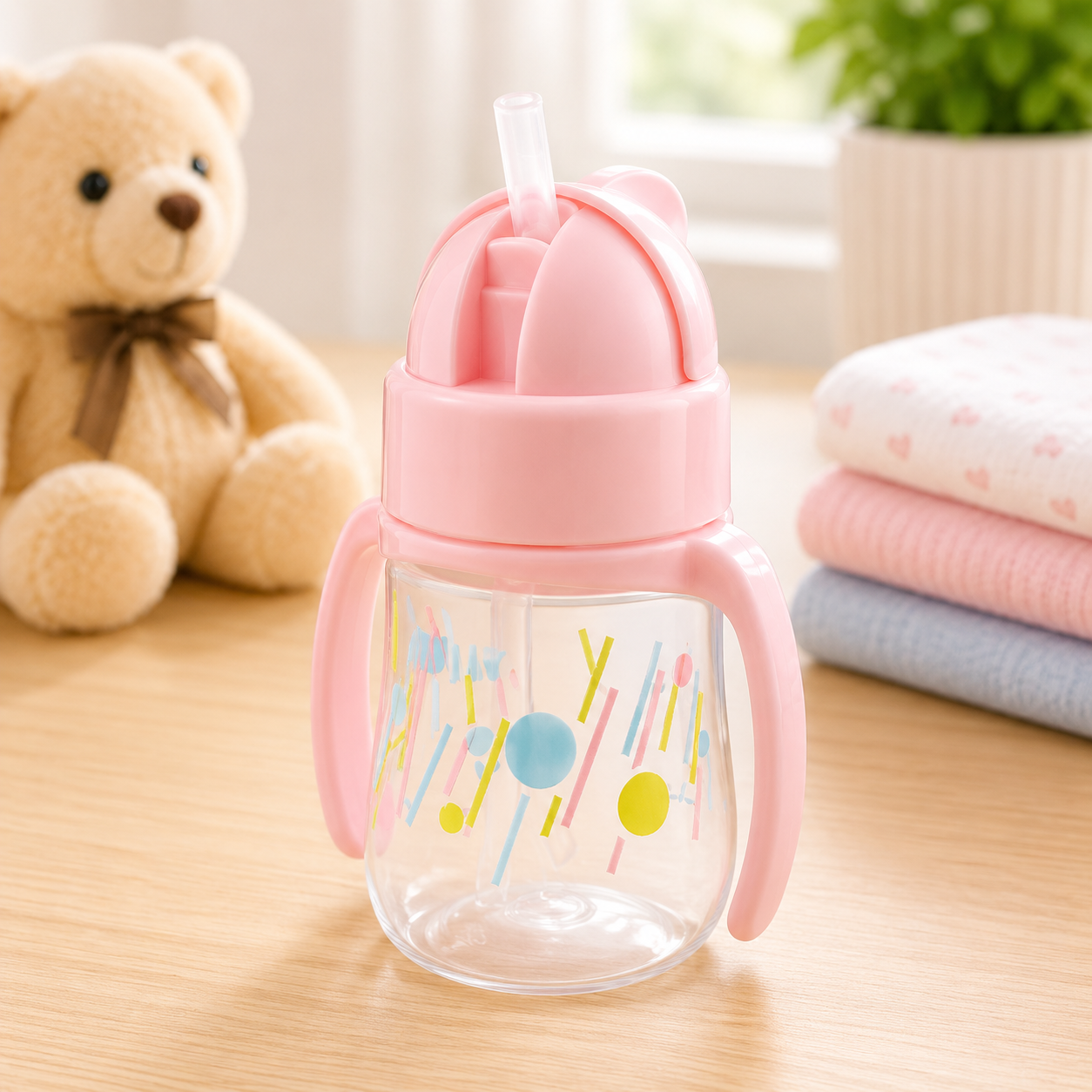 FARLIN STRAW DRINKING CUP W/HANDLE 150ML-PINK