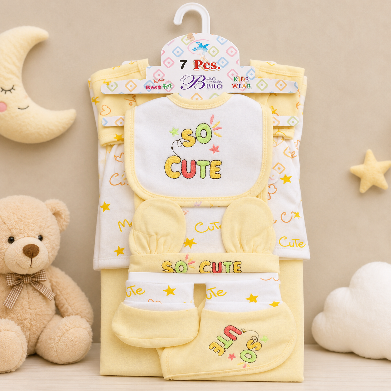 7 PCS NEWBORN BABY GIFT SET – SO CUTE EMBROIDERED DESIGN (YELLOW)
