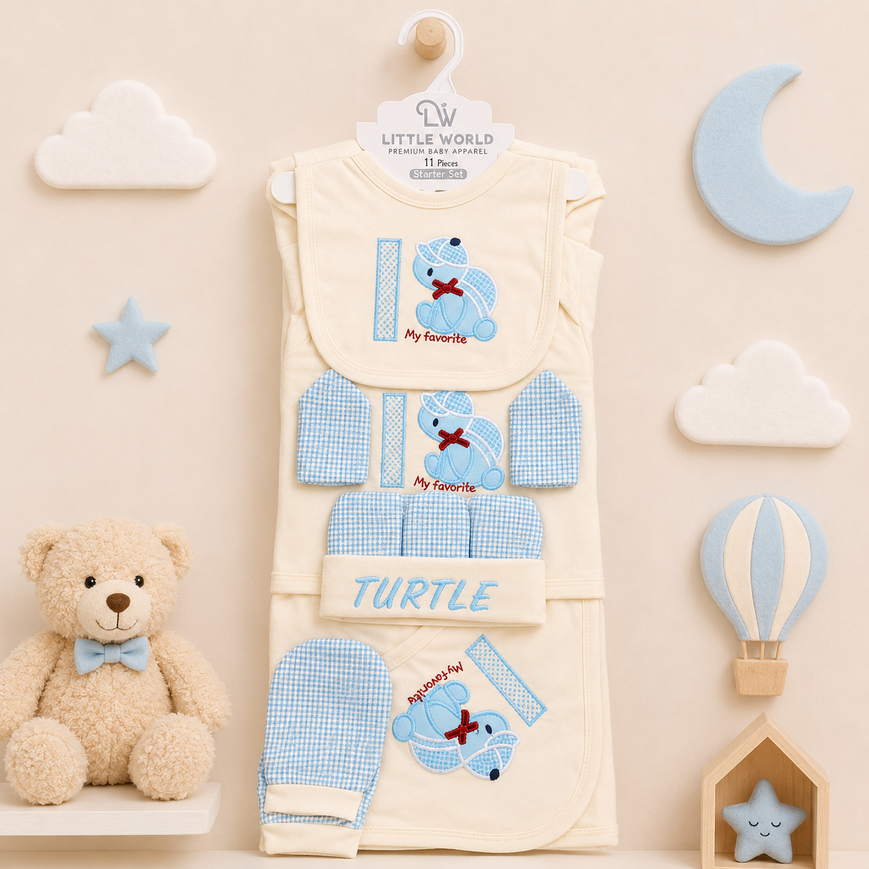 LITTLE WORLD 11 PCS NEWBORN BABY STARTER GIFT SET – TURTLE EMBROIDERED DESIGN (CREAM & BABY BLUE)