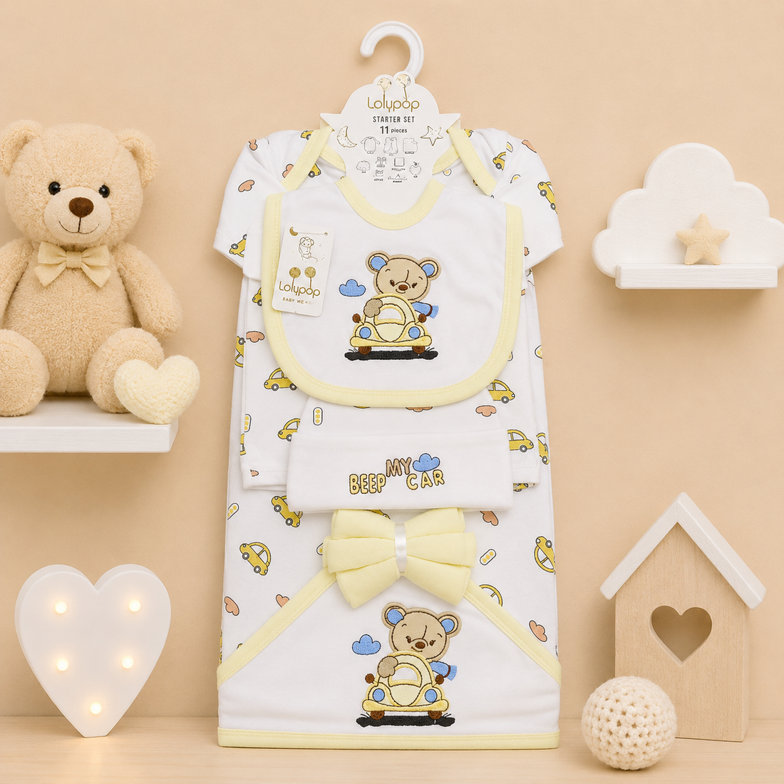 LOLYPOP 11 PCS NEWBORN BABY STARTER GIFT SET – TEDDY BEAR CAR EMBROIDERED DESIGN (PASTEL YELLOW)