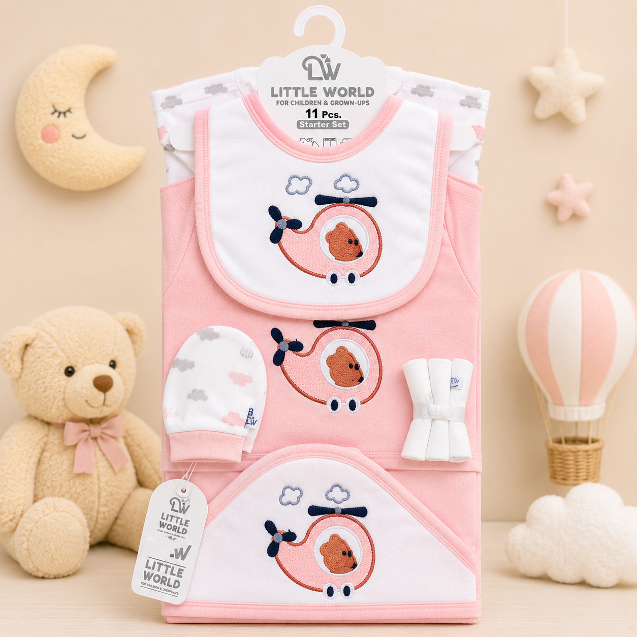 LITTLE WORLD 11 PCS STARTER SET – HELICOPTER BEAR EMBROIDERED DESIGN (PINK)