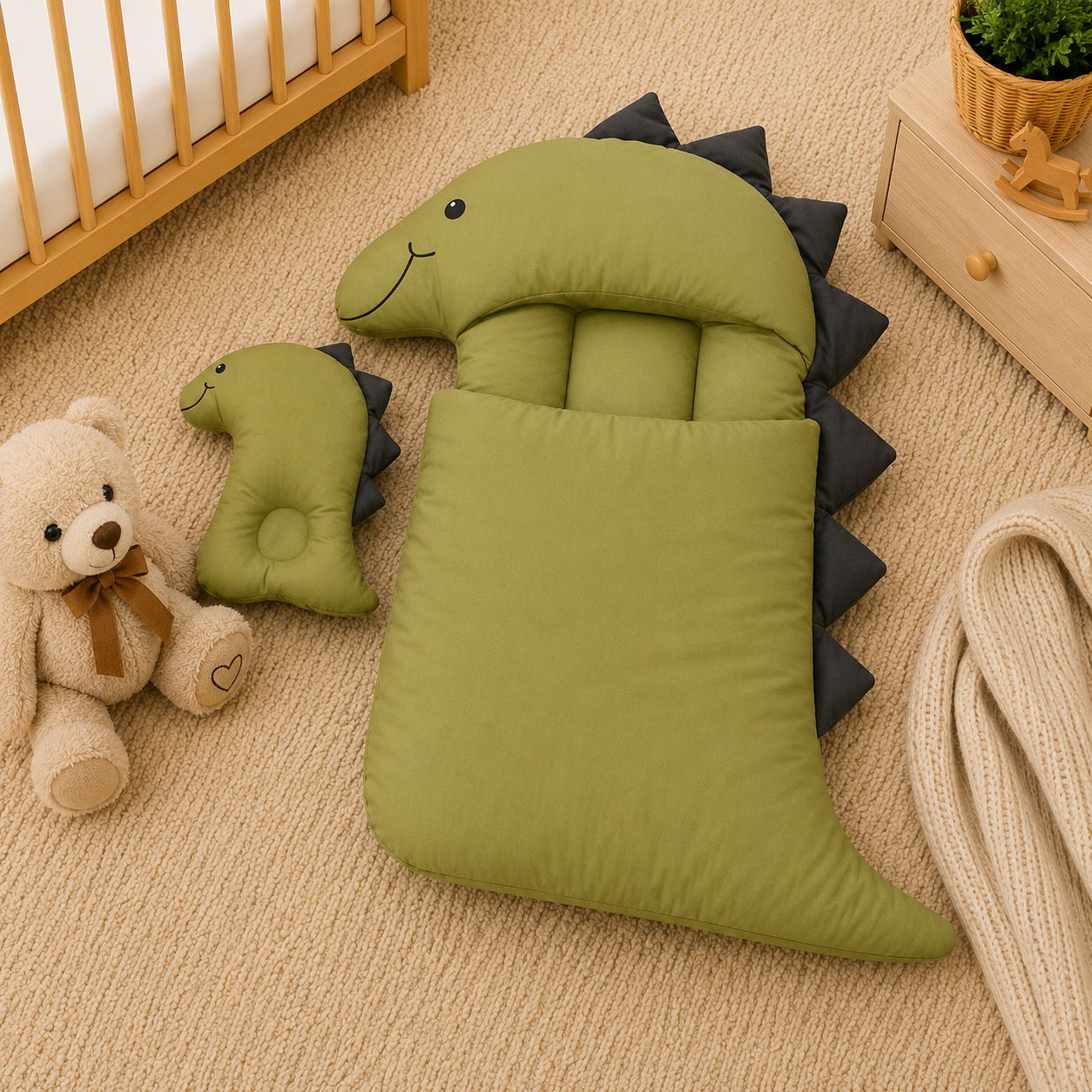 DINOSAUR DESIGN COTTON POLYESTER BABY SLEEPING BAG WITH MATCHING PILLOW - GREEN