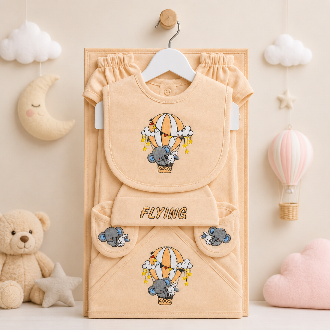 KIDDLE NEWBORN BABY STARTER GIFT SET – HOT AIR BALLOON ELEPHANT DESIGN (PEACH)