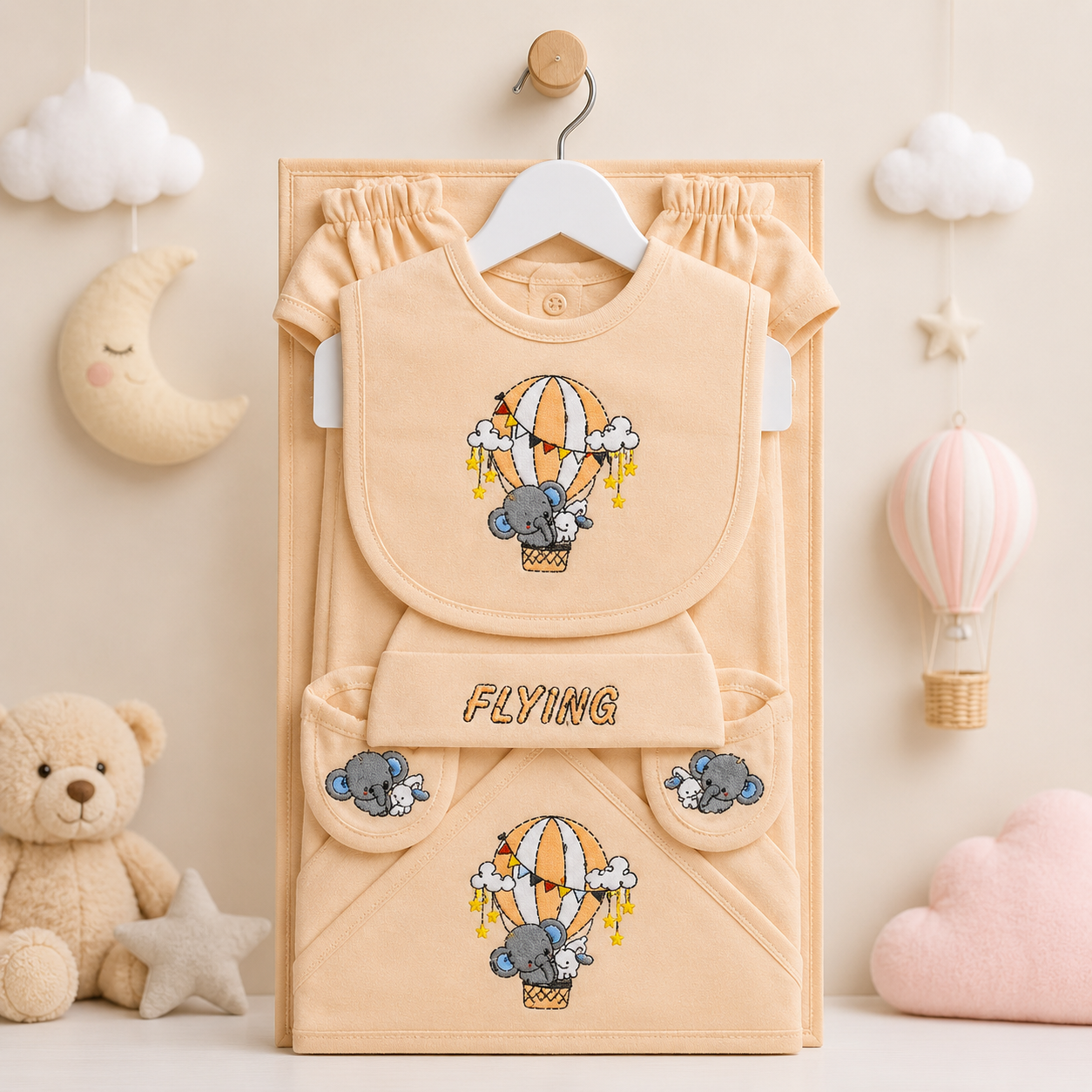 KIDDLE NEWBORN BABY STARTER GIFT SET – HOT AIR BALLOON ELEPHANT DESIGN (PEACH)