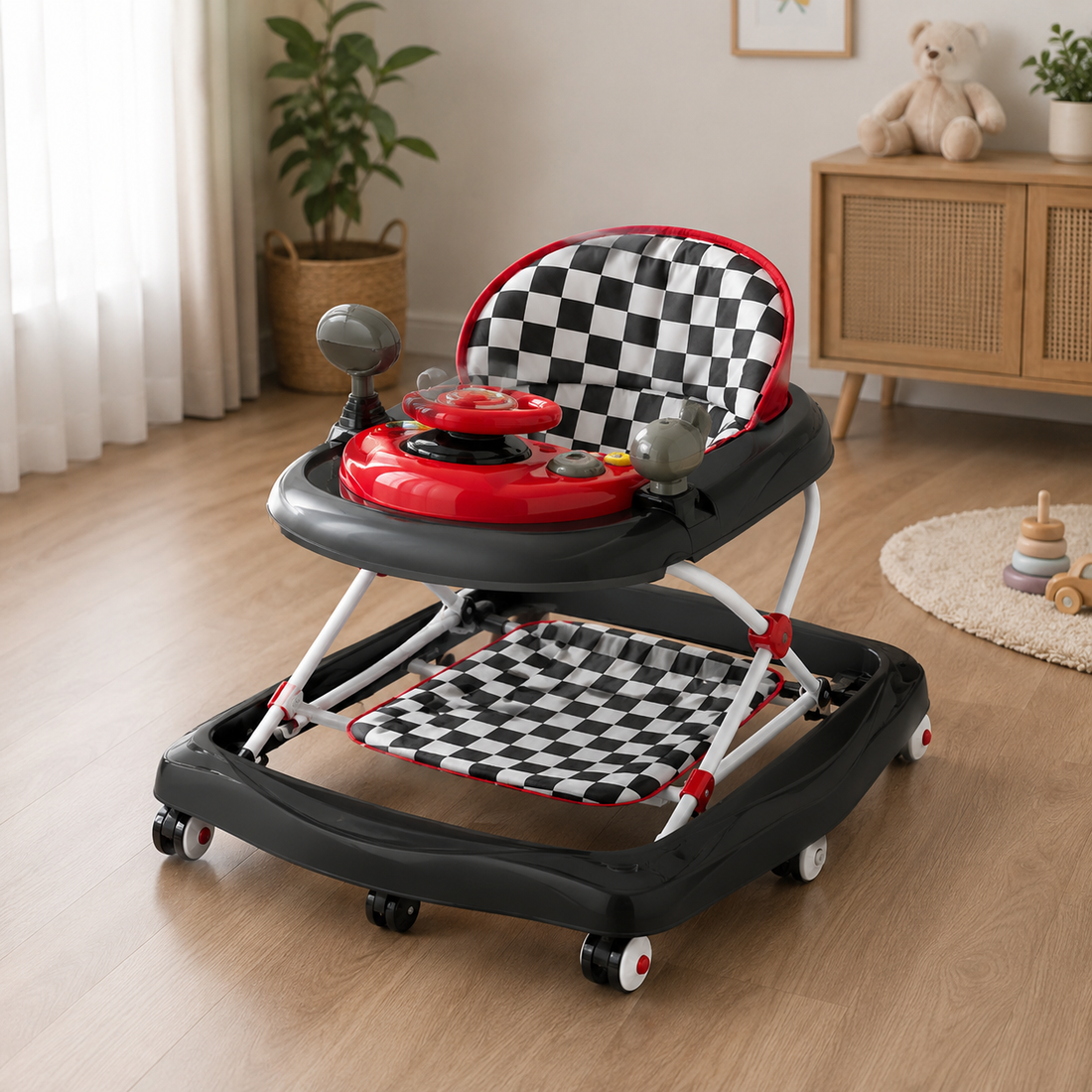 MULTIFUNCTIONAL BABY WALKER WITH FOOT SUPPORT MAT - CHECK