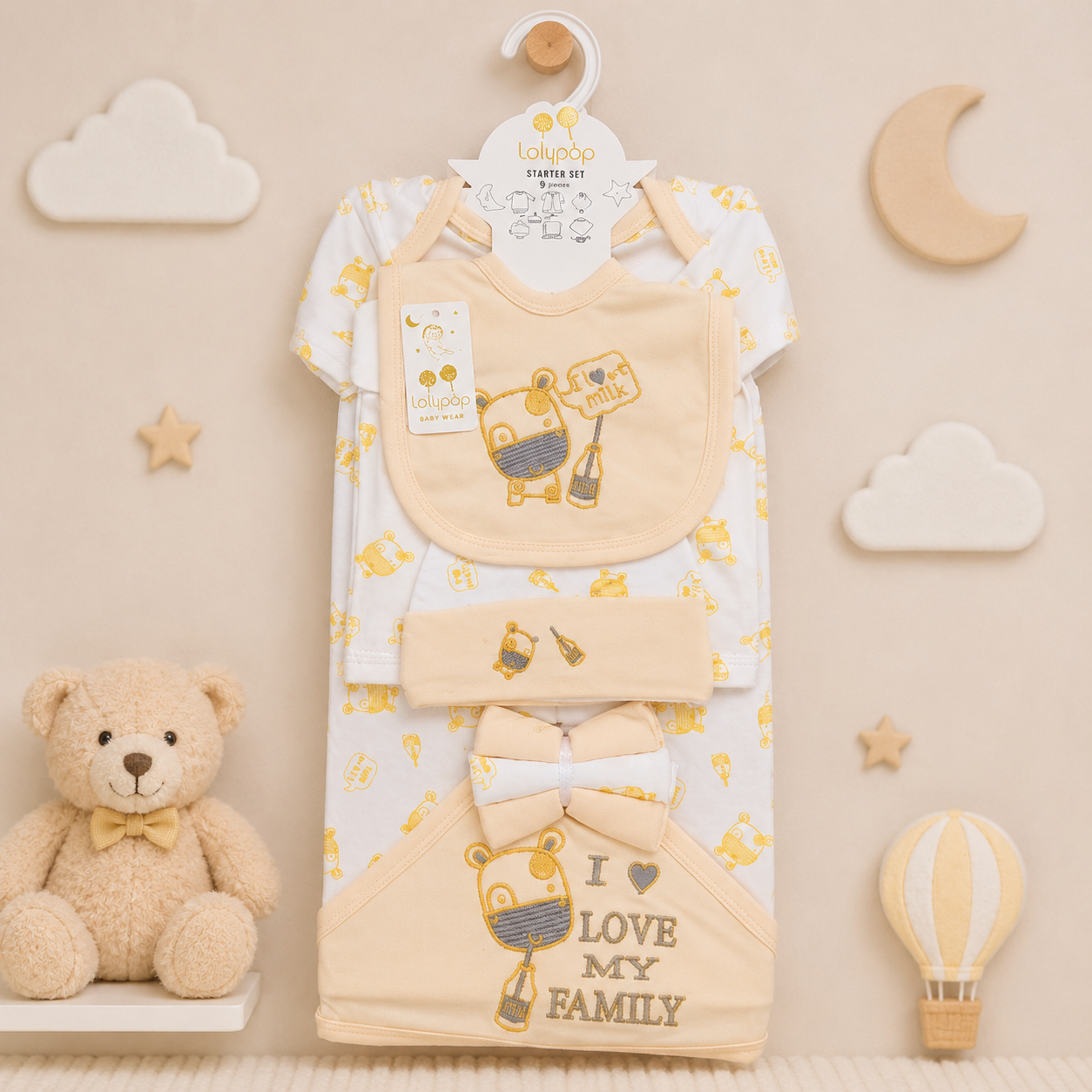 LOLYPOP 9 PCS NEWBORN BABY STARTER GIFT SET – I LOVE MY FAMILY EMBROIDERED DESIGN (CREAM YELLOW)