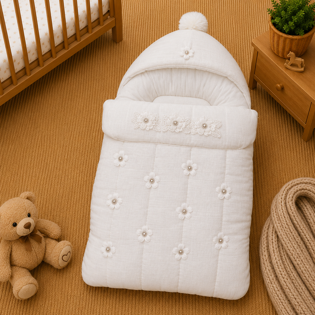 PREMIUM BABY HOODED SLEEPING BAG – PEARL FLORAL LUXURY DESIGN (IVORY WHITE)