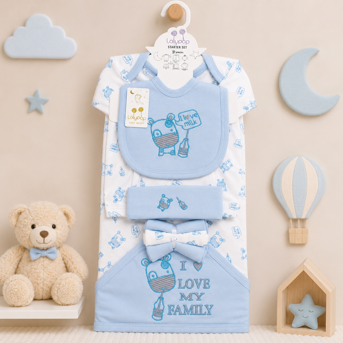 LOLYPOP 9 PCS NEWBORN BABY STARTER GIFT SET – I LOVE MY FAMILY EMBROIDERED DESIGN (BABY BLUE)