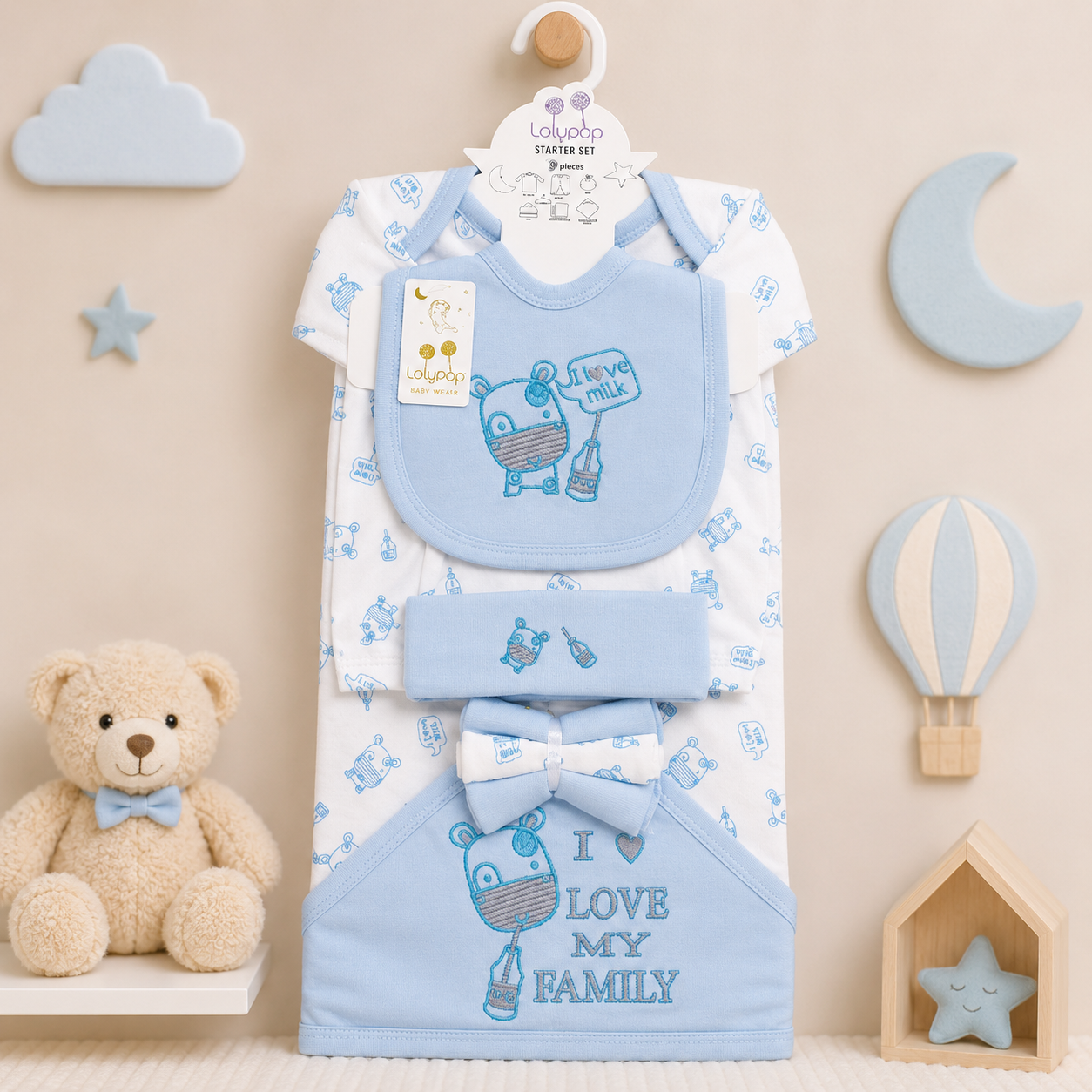 LOLYPOP 9 PCS NEWBORN BABY STARTER GIFT SET – I LOVE MY FAMILY EMBROIDERED DESIGN (BABY BLUE)
