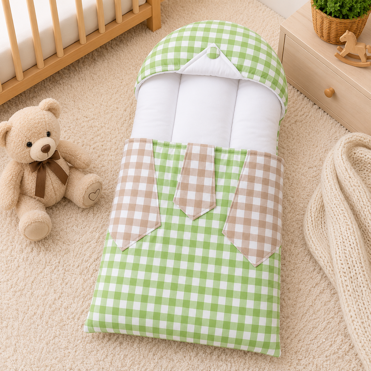 CHECKERED COTTON POLYESTER BABY CARRY NEST WITH SHIRT DESIGN - GREEN