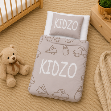 KIDZO BABY SLEEPING BAG & PILLOW SET – VEHICLE PRINT DESIGN (GREY)