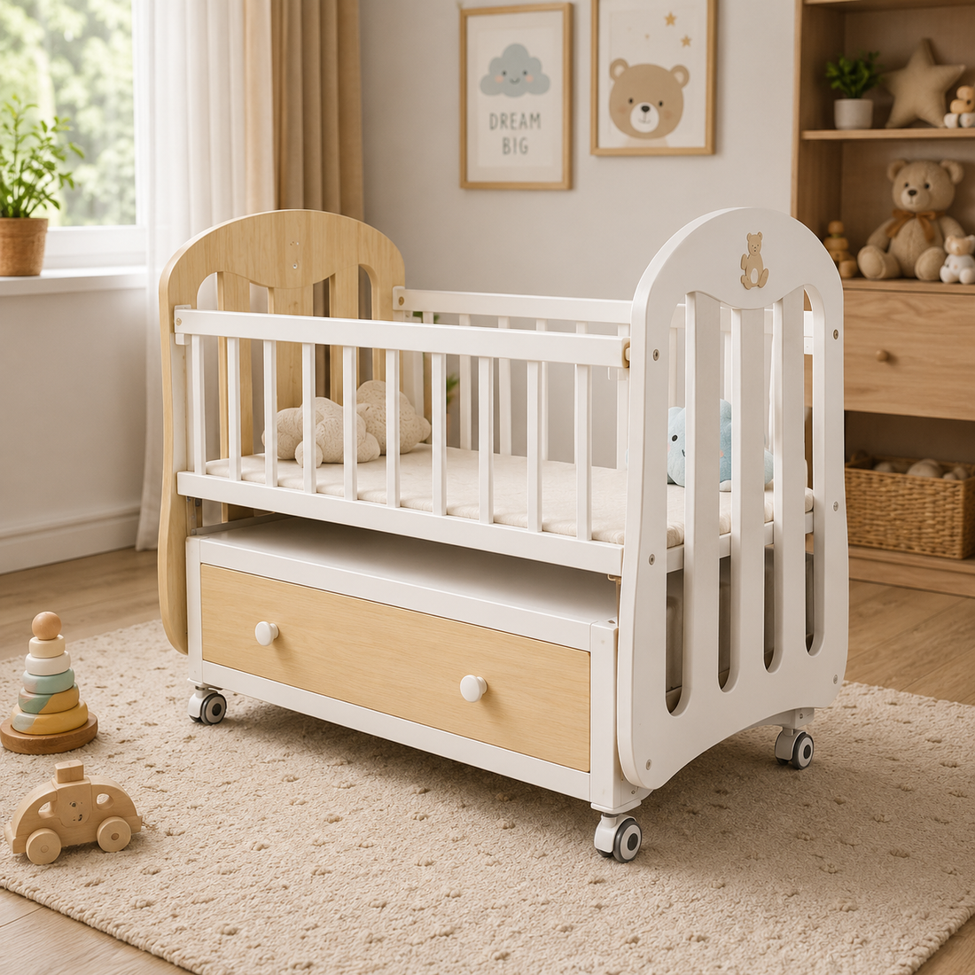 WOODEN BABY CRIB WITH STORAGE DRAWER