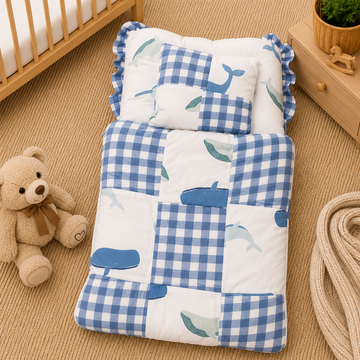 PREMIUM BABY BEDDING SET – WHALE PATCHWORK DESIGN (BLUE & WHITE)