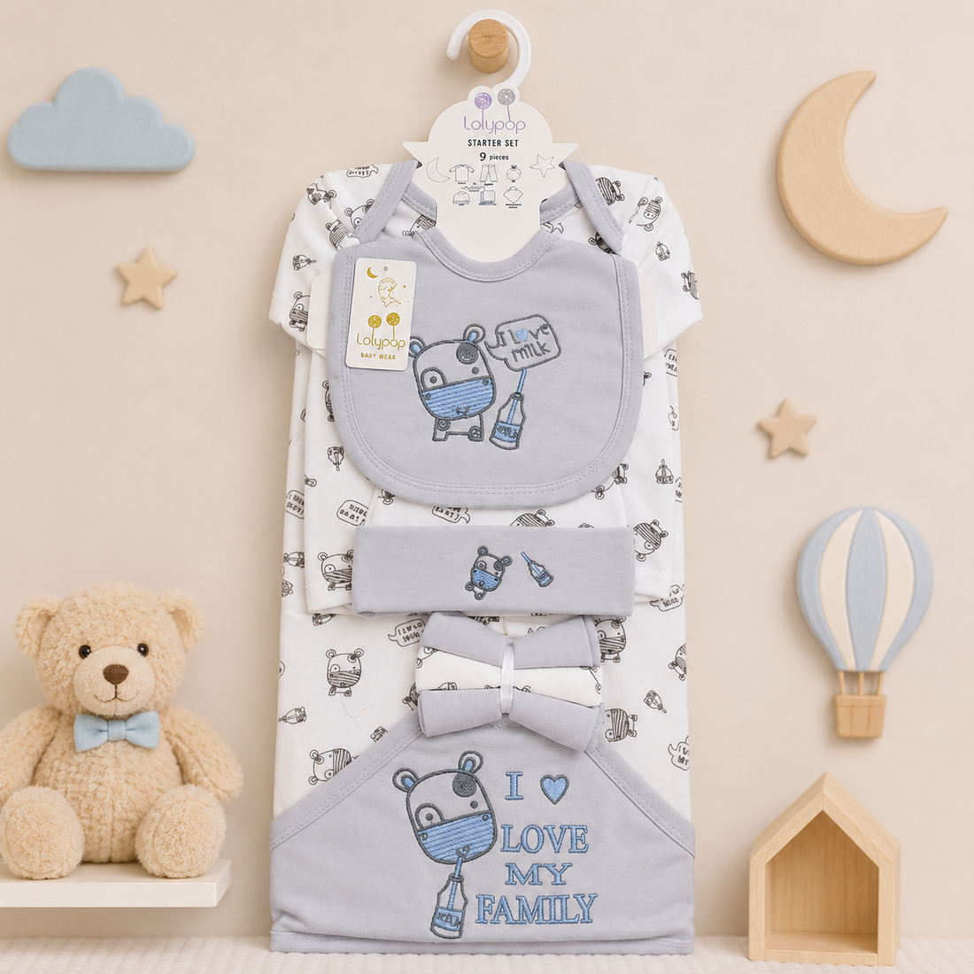 LOLYPOP 9 PCS NEWBORN BABY STARTER GIFT SET – I LOVE MY FAMILY EMBROIDERED DESIGN (GREY)