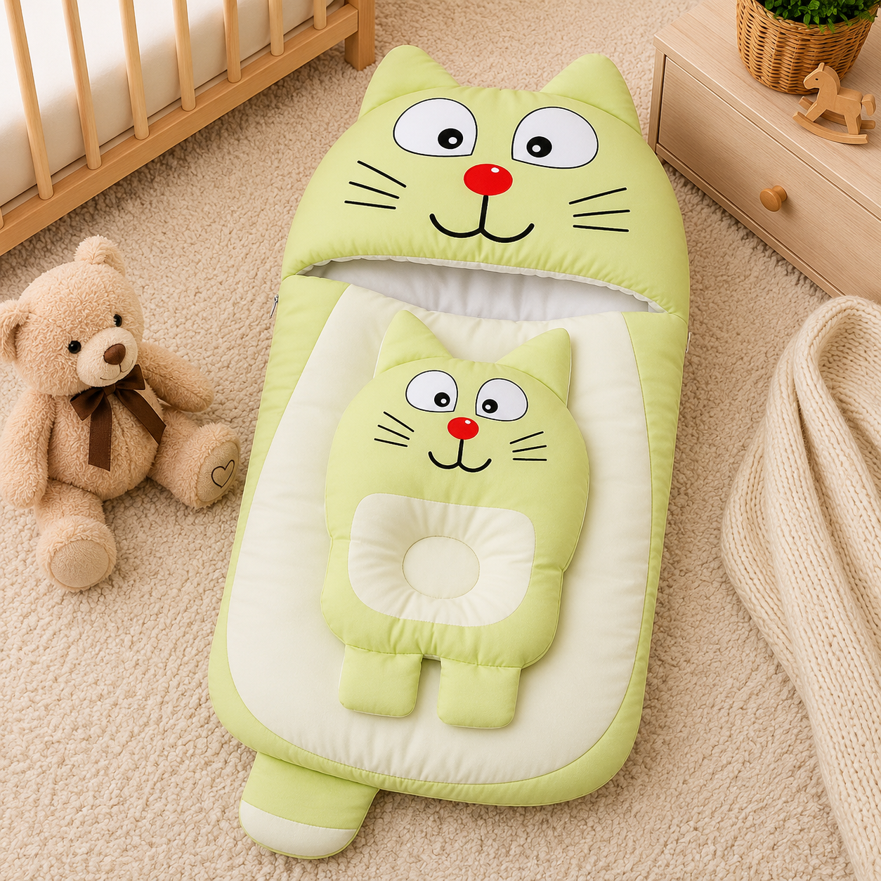 CAT DESIGN COTTON POLYESTER BABY SLEEPING BAG WITH MATCHING PILLOW - GREEN