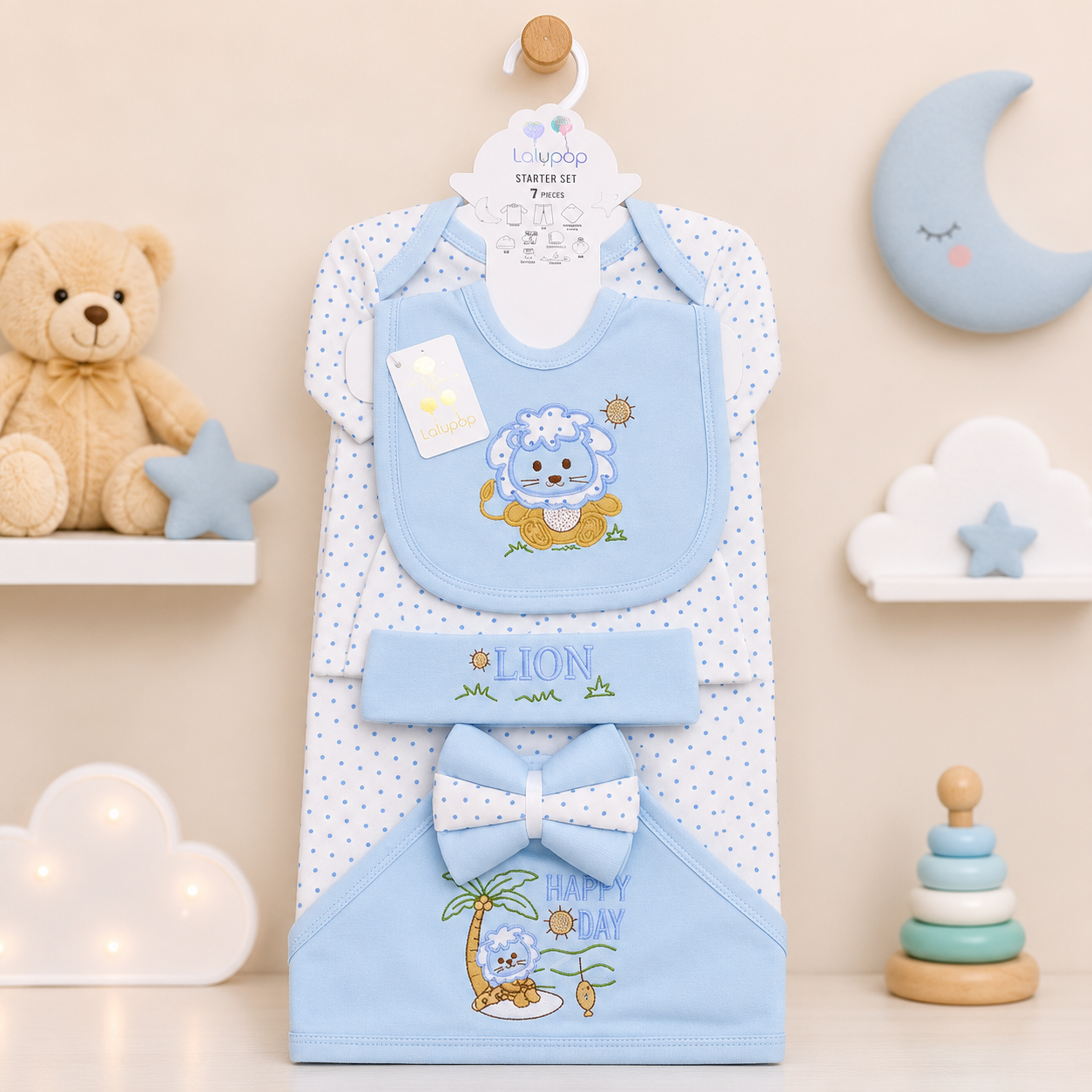 LOLYPOP 11 PCS NEWBORN BABY STARTER GIFT SET – LION EMBROIDERED DESIGN (BABY BLUE)