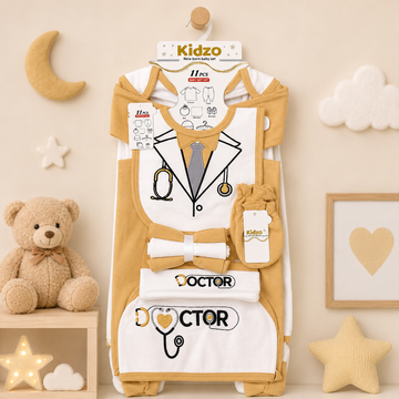 KIDZO 11 PCS NEWBORN BABY STARTER GIFT SET – DOCTOR EMBROIDERED DESIGN (BEIGE)