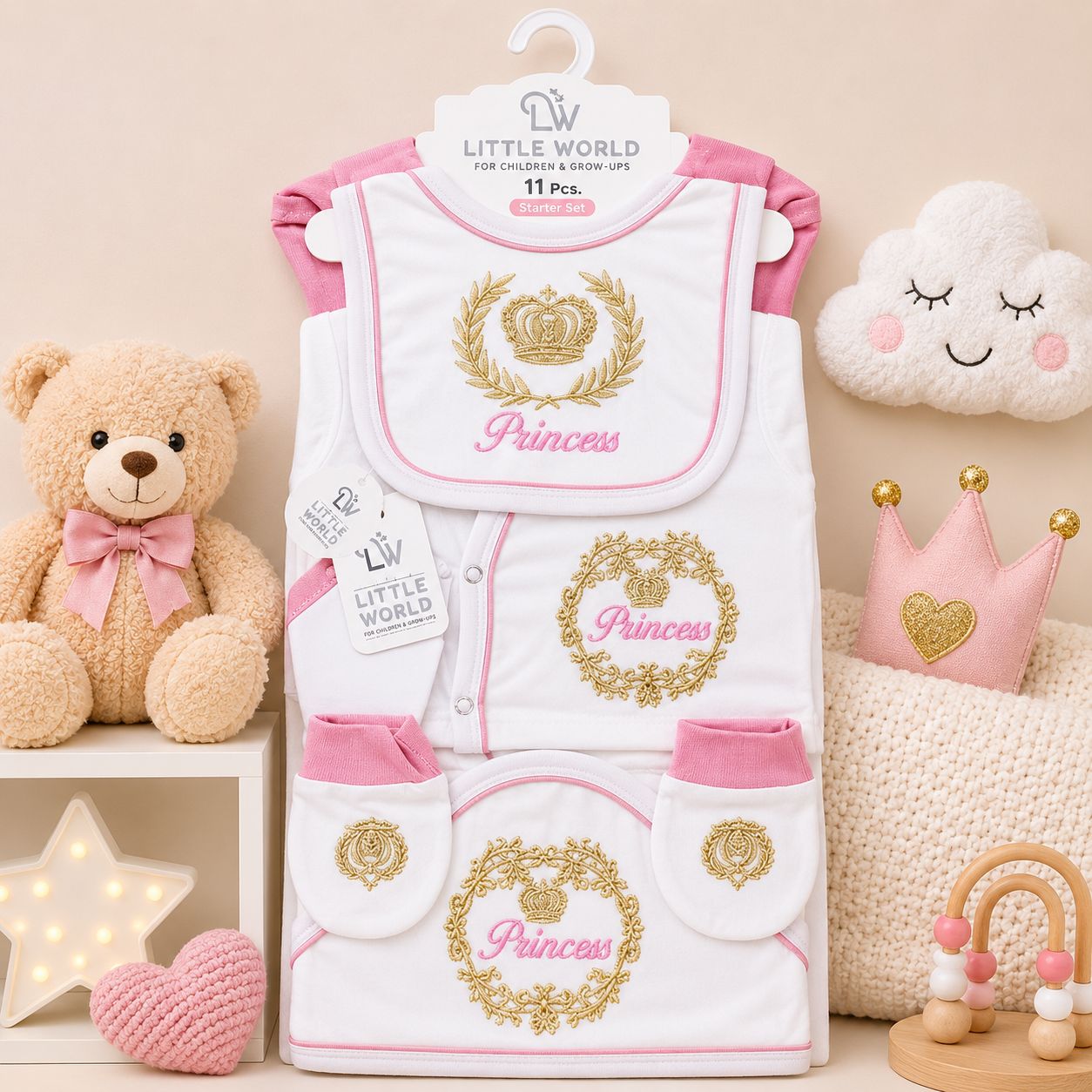 LITTLE WORLD 11 PCS NEWBORN BABY STARTER GIFT SET – PRINCESS EMBROIDERED DESIGN (PINK & WHITE)