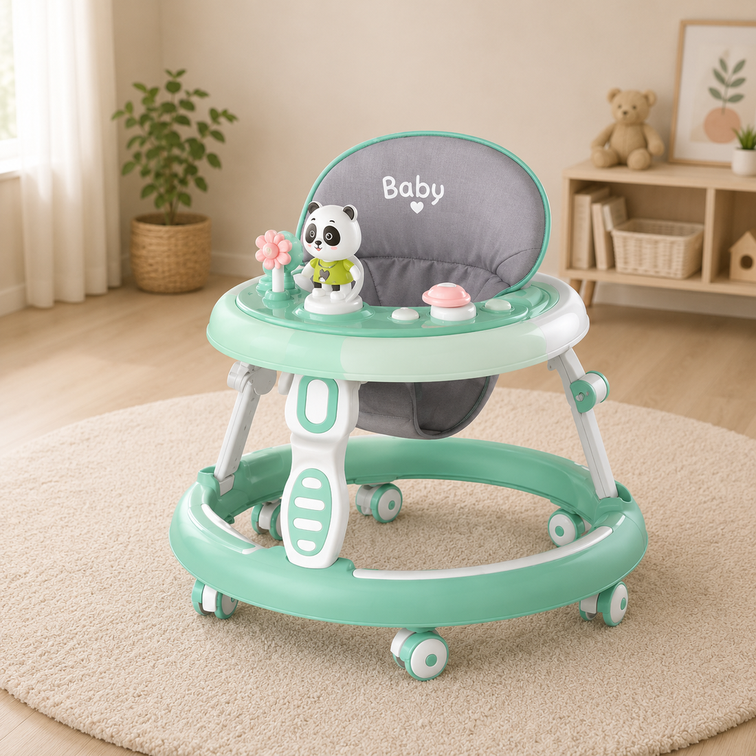 ADJUSTABLE BABY WALKER WITH PLAY TRAY - GREEN