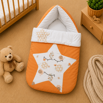 PREMIUM BABY HOODED SLEEPING BAG – FLORAL STAR PATCHWORK DESIGN (ORANGE & WHITE)