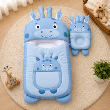 GIRAFFE DESIGN COTTON POLYESTER BABY SLEEPING BAG WITH MATCHING PILLOW - BLUE