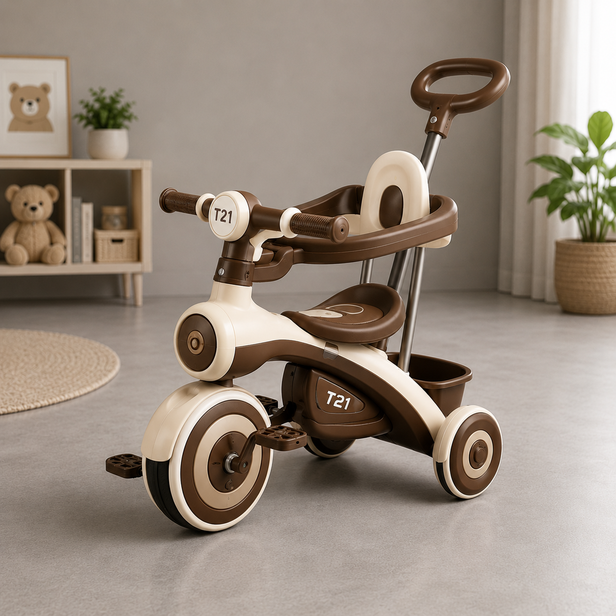 KIDS MULTIFUNCTIONAL TRICYCLE WITH PUSH HANDLE - BROWN