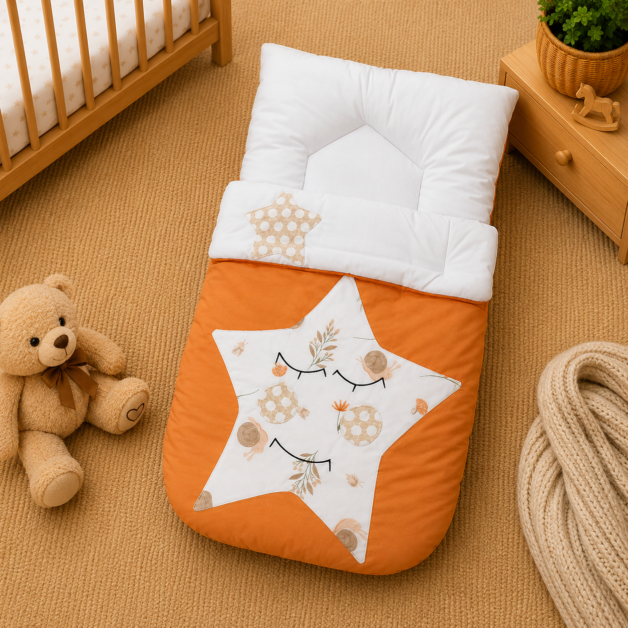 PREMIUM BABY HOODED SLEEPING BAG – STAR PATCHWORK DESIGN (ORANGE & WHITE)