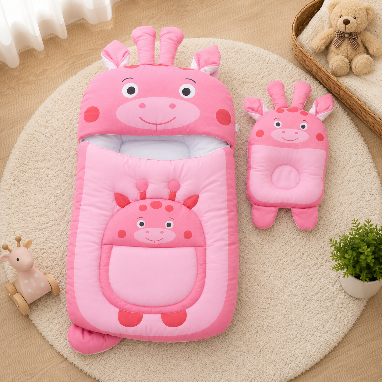 GIRAFFE DESIGN COTTON POLYESTER BABY SLEEPING BAG WITH MATCHING PILLOW - PINK