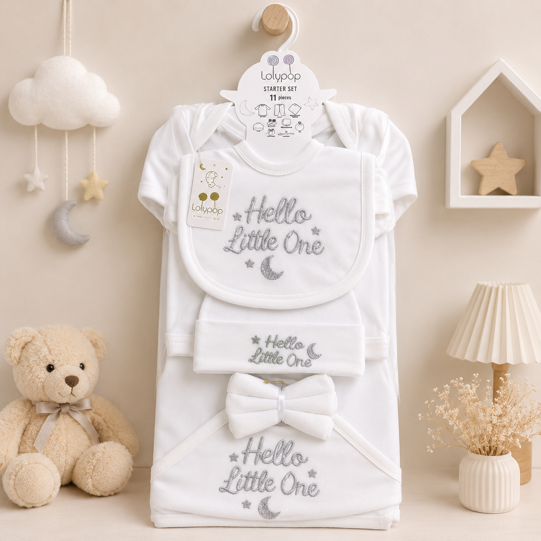 LOLYPOP 11 PCS NEWBORN BABY STARTER GIFT SET – HELLO LITTLE ONE DESIGN (WHITE)