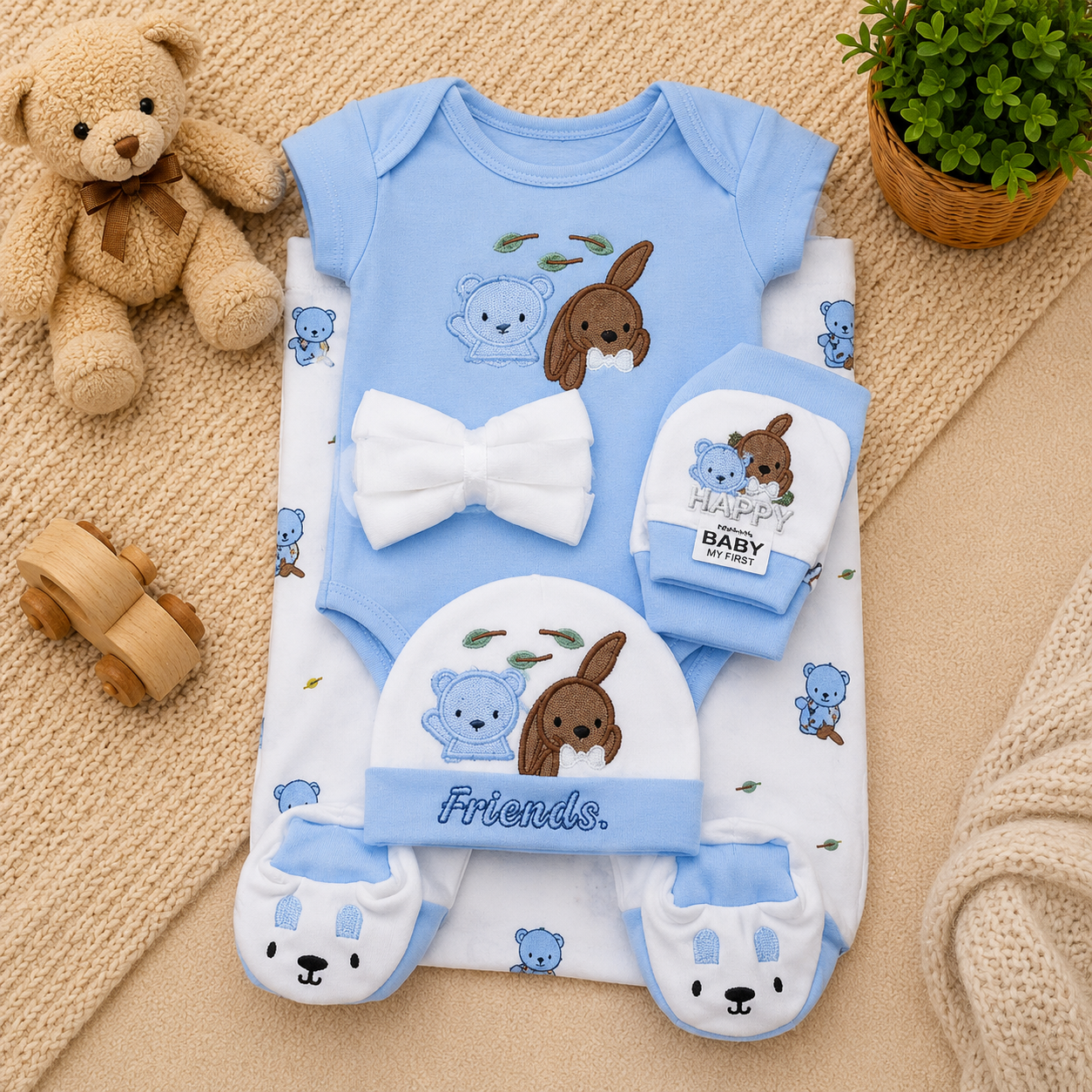 PREMIUM NEWBORN BABY STARTER GIFT SET – TEDDY & BUNNY FRIENDS DESIGN (BABY BLUE & WHITE)