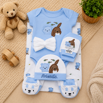 PREMIUM NEWBORN BABY STARTER GIFT SET – TEDDY & BUNNY FRIENDS DESIGN (BABY BLUE & WHITE)