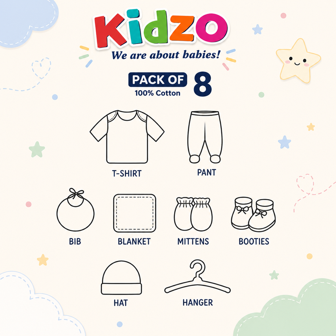 KIDZO 8 PCS NEWBORN BABY GIFT SET – AIRPLANE EMBROIDERED DESIGN (WHITE)