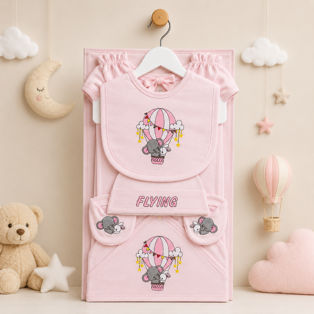 KIDDLE NEWBORN BABY STARTER GIFT SET – HOT AIR BALLOON ELEPHANT DESIGN (PINK)