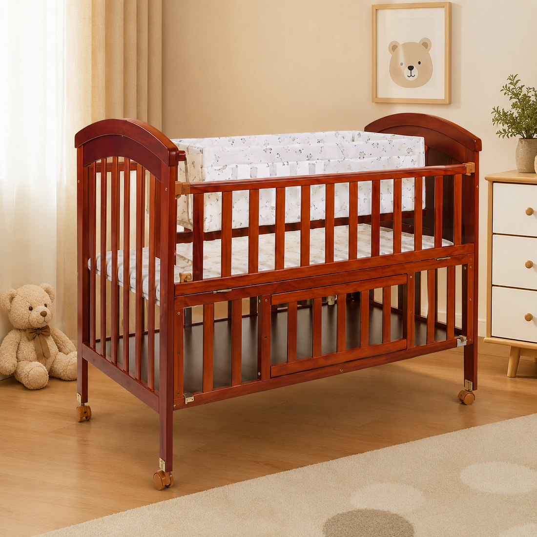 TINNIES WOODEN BABY COT WITH STORAGE – BROWN