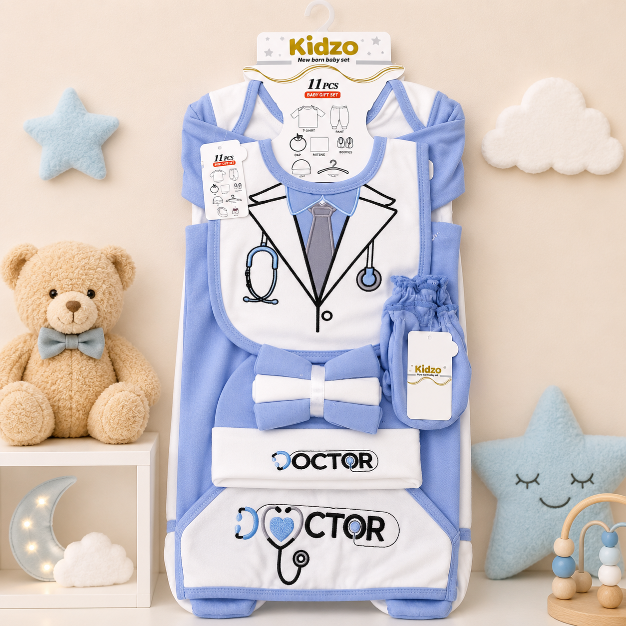KIDZO 11 PCS NEWBORN BABY STARTER GIFT SET – DOCTOR EMBROIDERED DESIGN (BABY BLUE)