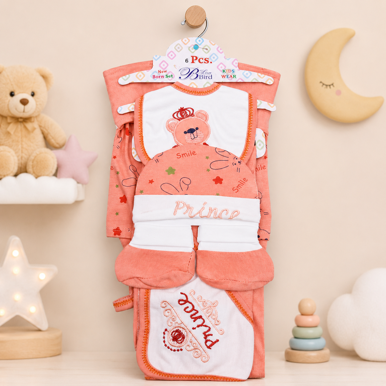 6 PCS NEWBORN BABY GIFT SET – PRINCE TEDDY EMBROIDERED DESIGN (PEACH)