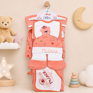 6 PCS NEWBORN BABY GIFT SET – PRINCE TEDDY EMBROIDERED DESIGN (PEACH)