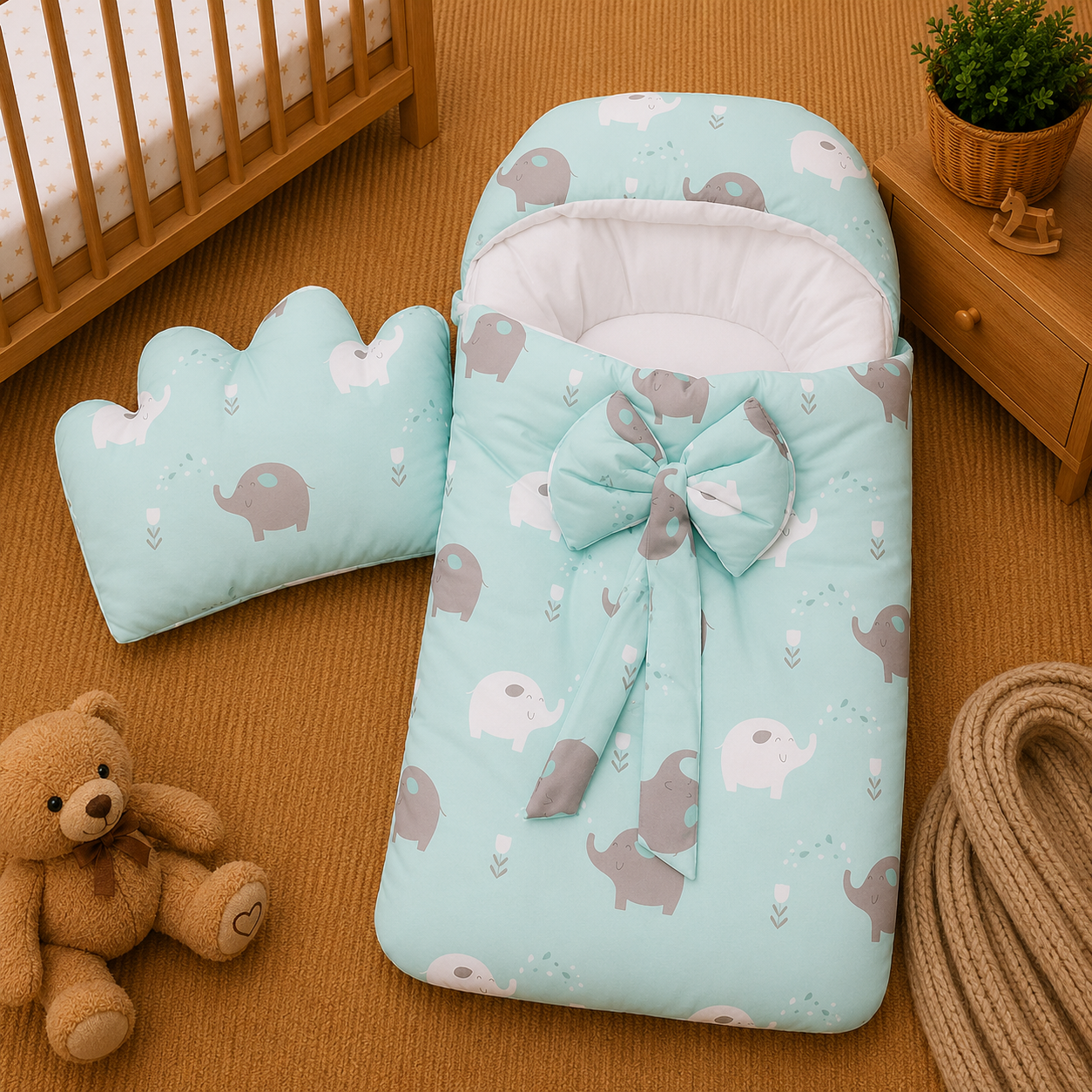 PREMIUM BABY HOODED SLEEPING BAG SET – ELEPHANT PRINT BOW DESIGN (MINT GREEN)