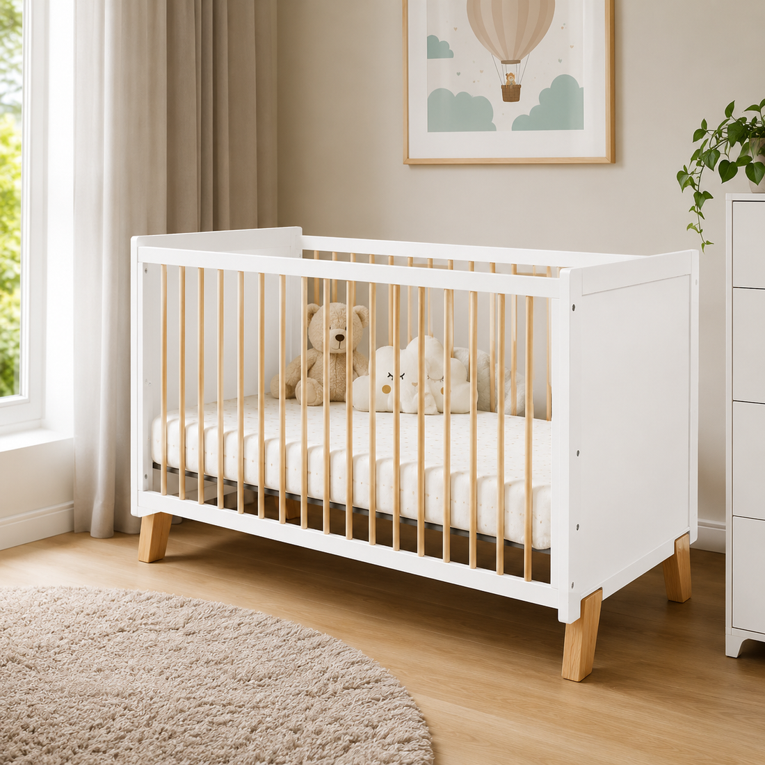 TINNIES WHITE WOODEN BABY COT – 2-IN-1 CONVERTIBLE WITH MOSQUITO NET
