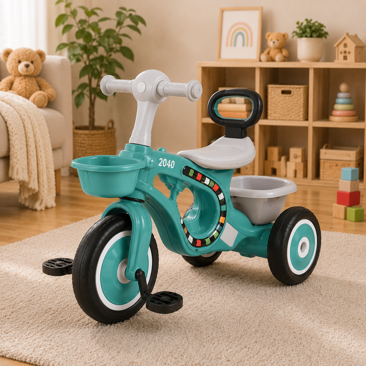 MUSICAL KIDS TRICYCLE WITH STORAGE BASKET - C GREEN