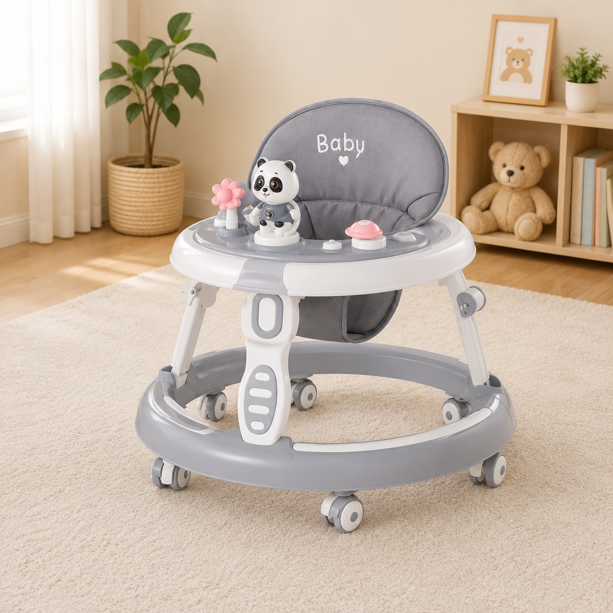 ADJUSTABLE BABY WALKER WITH PLAY TRAY - GREY