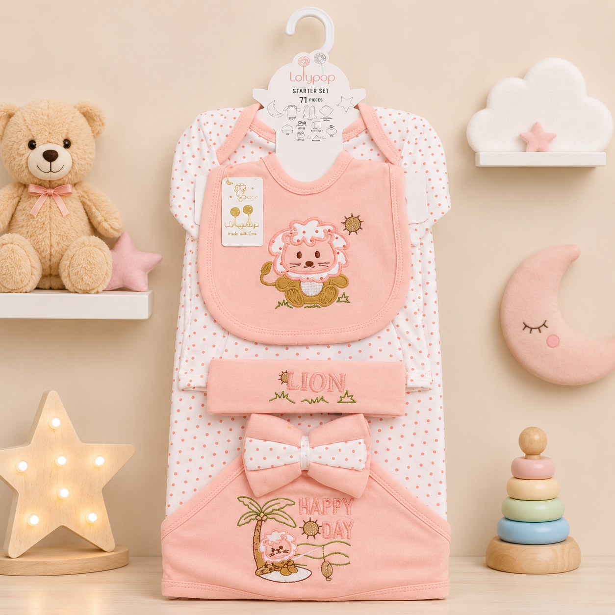 LOLYPOP 11 PCS NEWBORN BABY STARTER GIFT SET – LION EMBROIDERED DESIGN (PEACH)
