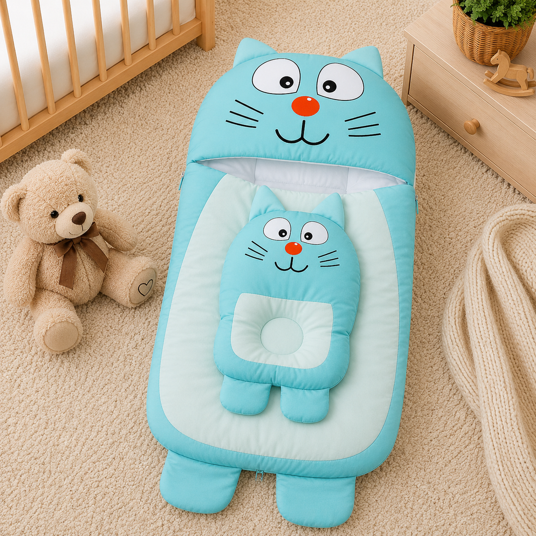 CAT DESIGN COTTON POLYESTER BABY SLEEPING BAG WITH MATCHING PILLOW - BLUE