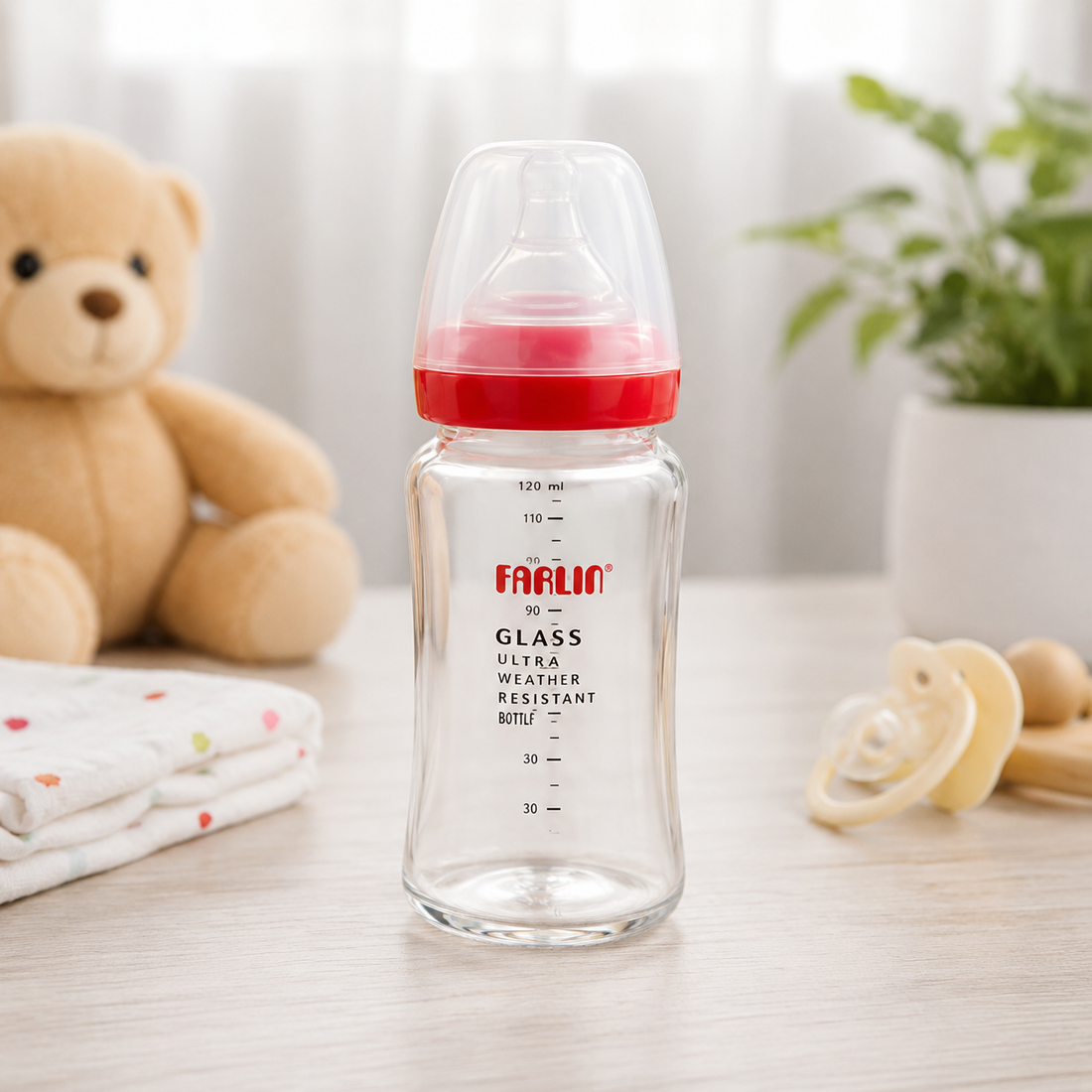 FARLIN WIDE NECK GLASS FEEDER 240ML - RED