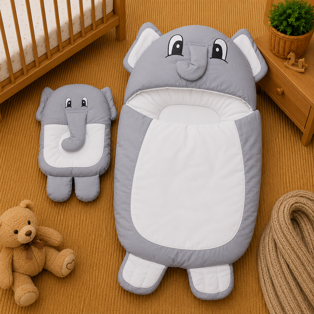 PREMIUM BABY HOODED SLEEPING BAG SET – CUTE ELEPHANT DESIGN (GREY & WHITE)