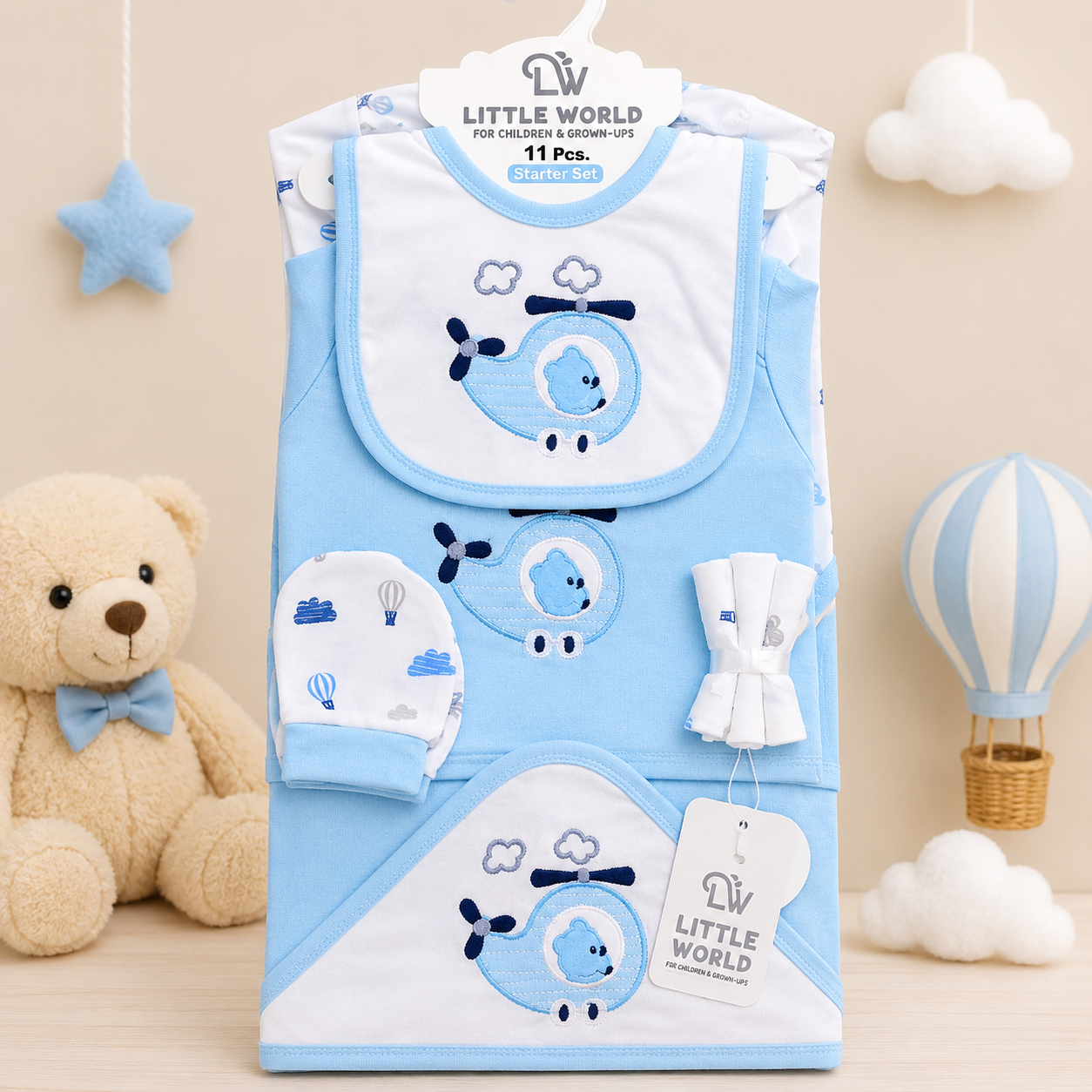 LITTLE WORLD 11 PCS STARTER SET – HELICOPTER BEAR EMBROIDERED DESIGN (BLUE)