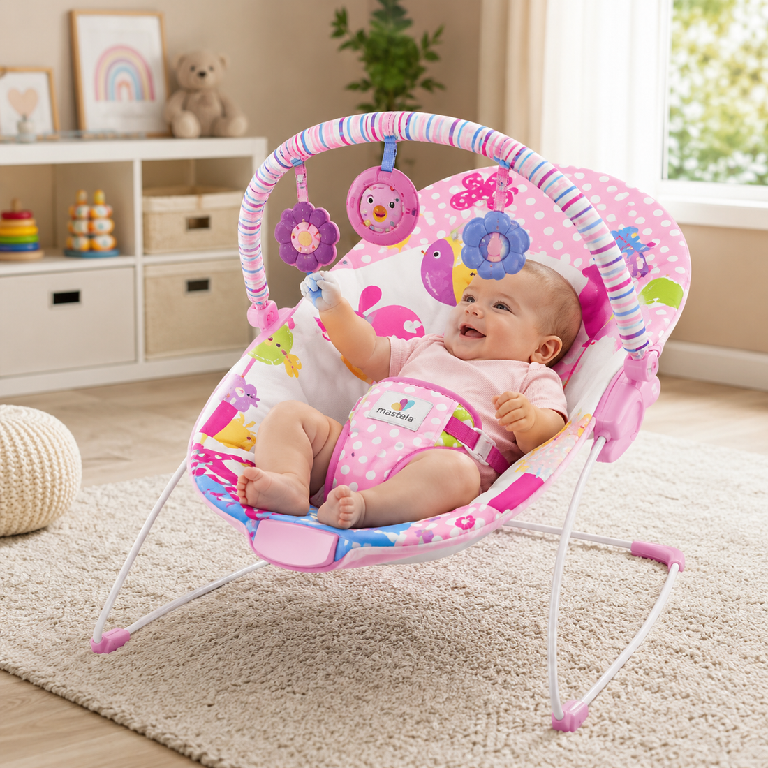 MASTELA SOOTHING VIBRATION BABY BOUNCER WITH TOY BAR & MUSICAL SEAT - PINK