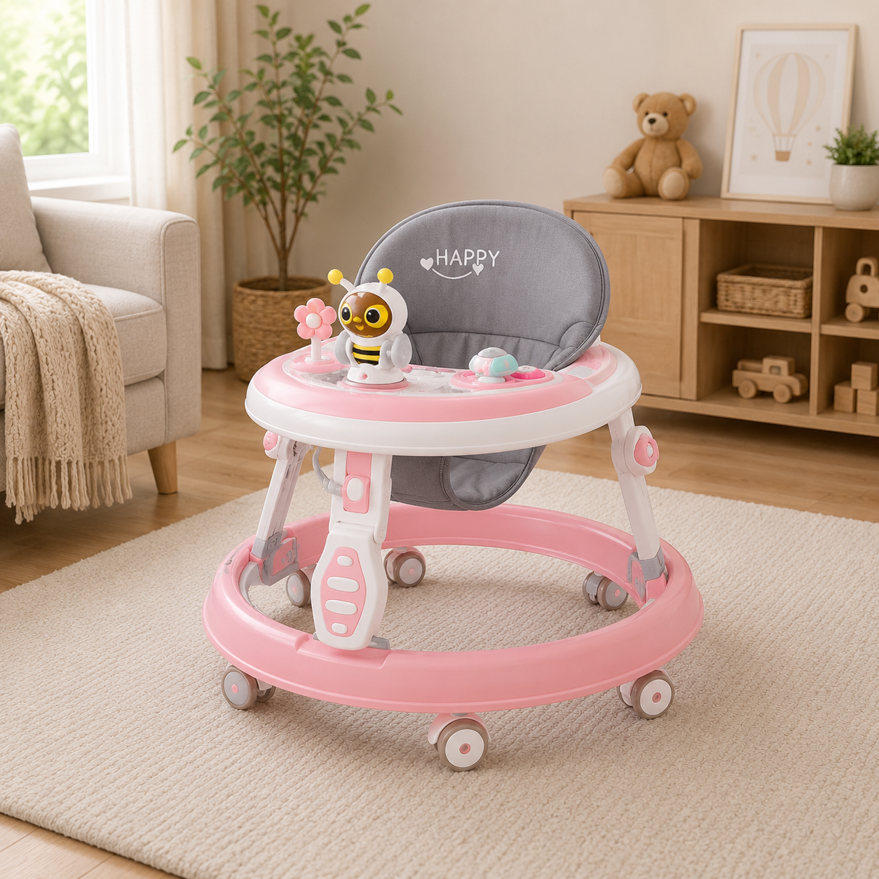 ADJUSTABLE BABY WALKER WITH PLAY TRAY - PINK