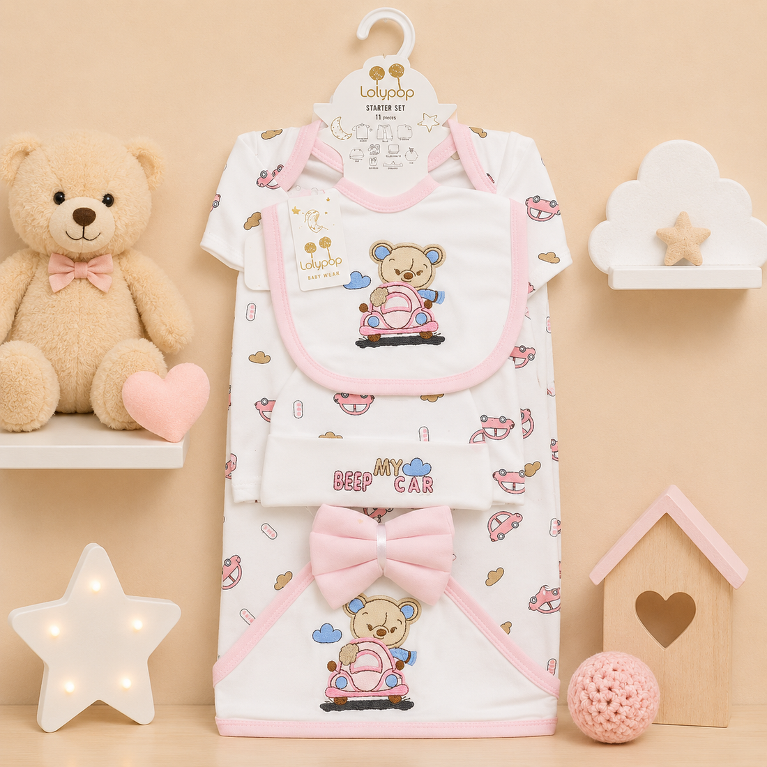 LOLYPOP 11 PCS NEWBORN BABY STARTER GIFT SET – TEDDY BEAR CAR EMBROIDERED DESIGN (PINK)