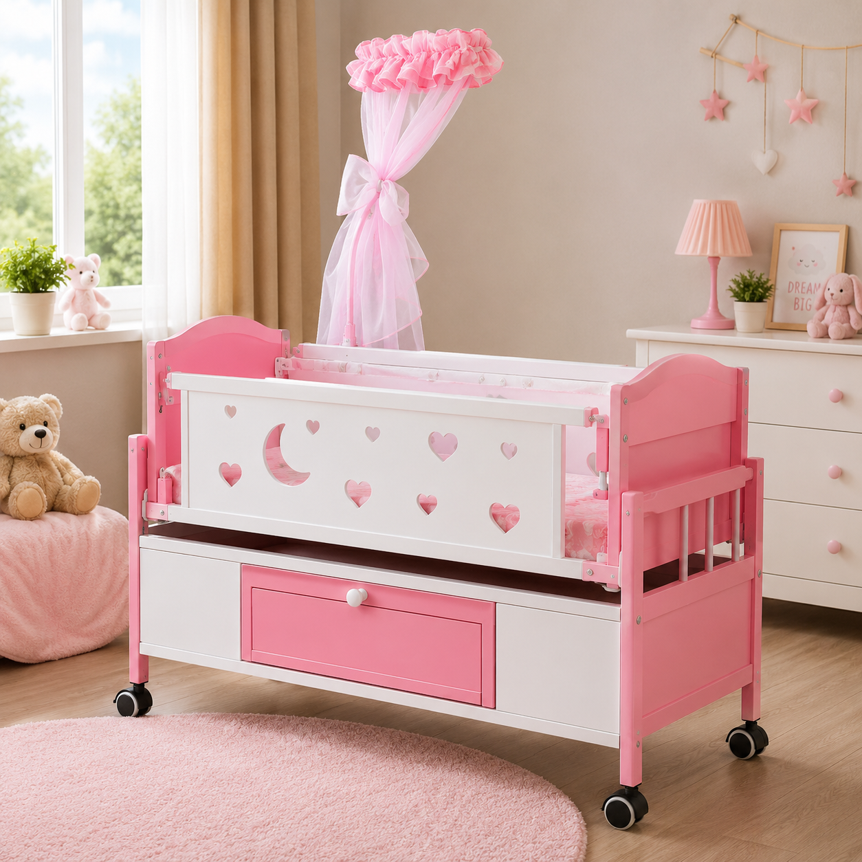 BABY WOODEN CRIB WITH MOSQUITO NET AND STORAGE DRAWER